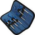 Bosch Expert Self Cut Speed Spade Drill Bit Set in blue fabric case with 7 pieces featuring blue handles and silver metal shanks, numbered 16, 18, 20, 22, 25 and 32, displayed open against white background