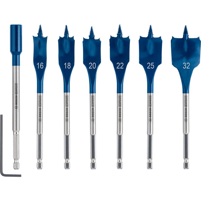 Bosch Expert Self Cut Speed Spade Drill Bit Set showing seven blue and silver drill bits with sizes 16, 18, 20, 22, 25 and 32 millimeters plus one cylindrical bit, displayed against white background