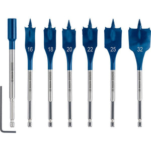 Bosch Expert Self Cut Speed Spade Drill Bit Set showing seven blue and silver drill bits with sizes 16, 18, 20, 22, 25 and 32 millimeters plus one cylindrical bit, displayed against white background