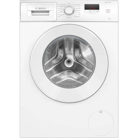 Bosch Series 2 white front-loading washing machine with 8kg capacity, 1400 spin speed, featuring stainless steel drum visible through large circular door and control panel with dial and digital display on top
