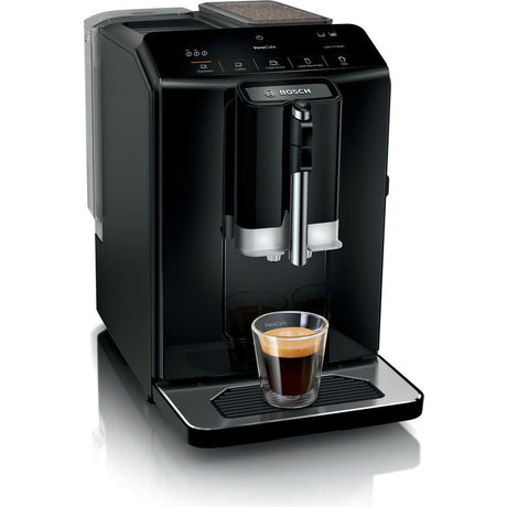 Bosch Series 2 EQ300 fully automatic coffee machine in piano black with stainless steel milk frother, digital display panel, and glass cup of espresso on drip tray