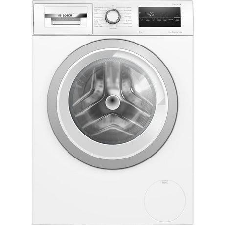 Bosch Series 4 white front-load washing machine with 8kg capacity, 1400 spin speed, stainless steel drum visible through large circular glass door, control panel with dial and digital display on top, model WAN28258GB