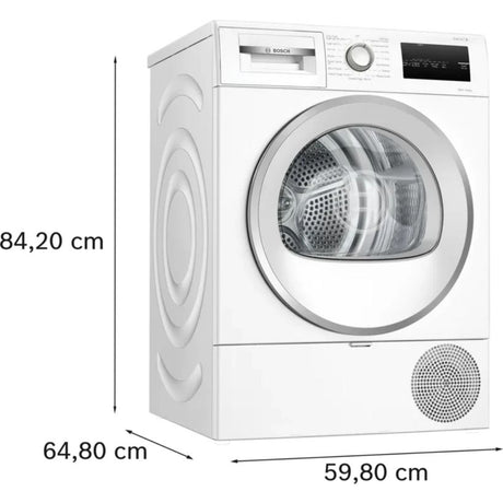 Bosch Series 4 white heat pump tumble dryer with front-loading drum, digital display and control panel, dimensions 84.20cm height x 59.80cm width x 64.80cm depth, model WTH85224GB