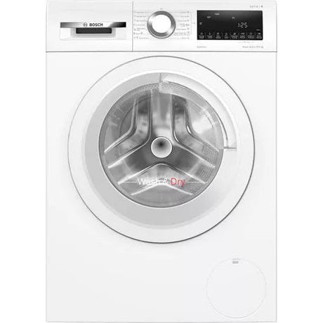 Bosch Series 4 white washer dryer with 9kg wash and 5kg dry capacity, 1400rpm spin speed, featuring digital display and stainless steel drum, front-loading design with circular door