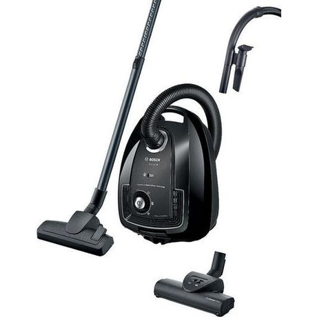 Bosch Series 4 bagged vacuum cleaner in black with telescopic wand, floor brush head, upholstery nozzle and crevice tool attachments displayed on white background
