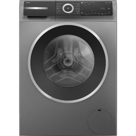 Bosch Series 6 grey front-load washing machine with 10kg capacity, 1400 spin speed, digital control panel with power button and display screen, black door bezel and stainless steel drum visible through glass window