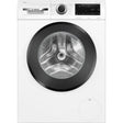 Bosch Series 6 white front-load washing machine with 10kg capacity, 1400 spin speed, featuring a black rubber seal around the drum door, digital display showing 1:25, rotary dial control, and modern minimalist design