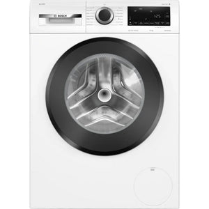 Bosch Series 6 white front-load washing machine with 10kg capacity, 1400 spin speed, featuring a black rubber seal around the drum door, digital display showing 1:25, rotary dial control, and modern minimalist design