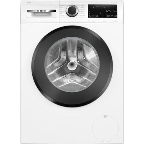 Bosch Series 6 white front-load washing machine with 10kg capacity, 1400 spin speed, featuring a black rubber seal around the drum door, digital display showing 1:25, rotary dial control, and modern minimalist design