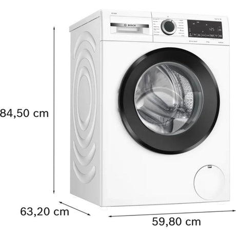 Bosch Series 6 front-load washing machine in white with black trim, 10kg capacity, 1400 spin speed model WGG254F1GB showing dimensions 84.50cm height x 59.80cm width x 63.20cm depth
