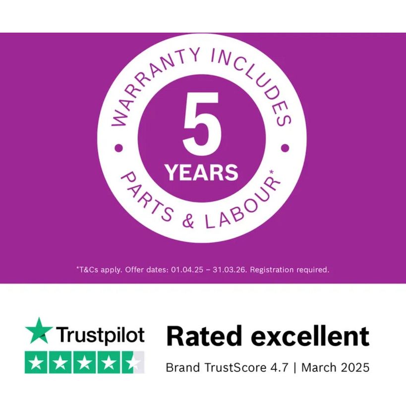Bosch Series 6 10kg 1400 spin washing machine in white with 5-year warranty badge and Trustpilot 4.7-star excellent rating