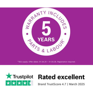 Bosch Series 6 10kg 1400 spin washing machine in white with 5-year warranty badge and Trustpilot 4.7-star excellent rating