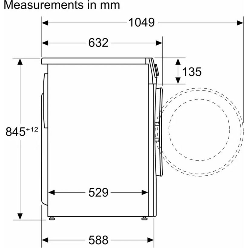 Technical specification diagram of Bosch Series 6 white washing machine showing front-load design with detailed measurements in millimeters including overall dimensions of 1049mm width and 845mm height, drum capacity indicators, and circular door opening viewed from the side