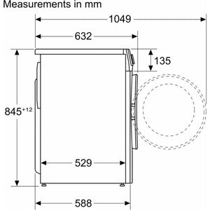 Technical specification diagram of Bosch Series 6 white washing machine showing front-load design with detailed measurements in millimeters including overall dimensions of 1049mm width and 845mm height, drum capacity indicators, and circular door opening viewed from the side