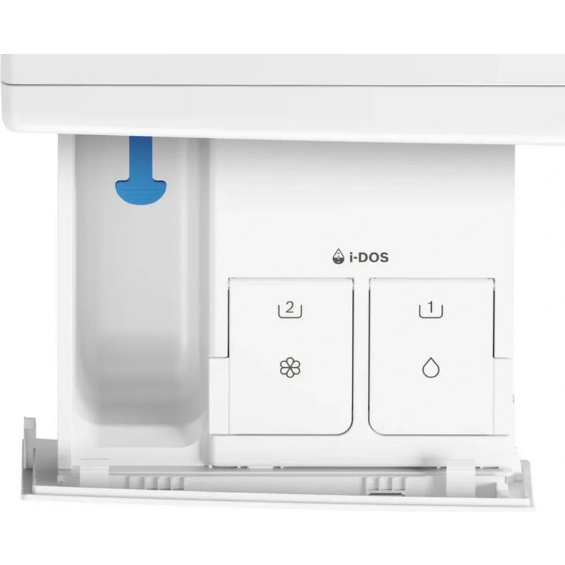 Top-down view of white Bosch Series 6 washing machine showing open drum with blue detergent dispenser, i-DOS automatic dosing system with two cartridge slots labeled 1 and 2, featuring water drop and flower icons for fabric softener and detergent compartments