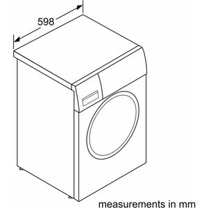 Isometric technical drawing of a white Bosch Series 6 washing machine showing front-loading design with circular drum door, control panel, and dimension marking of 598mm at top
