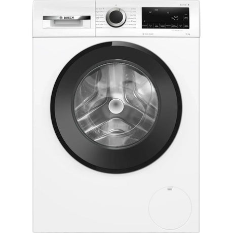Bosch Series 6 white front-load washing machine with 10kg capacity, 1400 spin speed, featuring black drum and control panel with digital display showing 1:25 time, model WGG254Z1GB