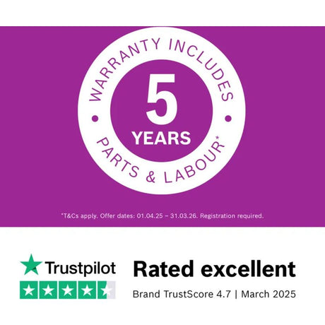 Bosch Series 6 washing machine promotional image featuring a white circular badge on purple background highlighting 5 years warranty on parts and labour, with Trustpilot excellent rating of 4.7 stars displayed below
