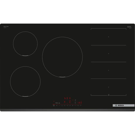 Bosch Series 6 PXV831HC1E black flex induction hob cooktop with four cooking zones including two smaller circular elements on left and one large central zone, digital control display at bottom center, and right side touch controls, viewed from above on dark background