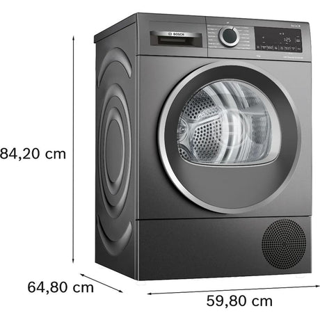 Bosch Series 6 heat pump tumble dryer in cast iron grey with dimensions 84.20cm height, 59.80cm width and 64.80cm depth, featuring a large circular door with visible drum interior and control panel on top