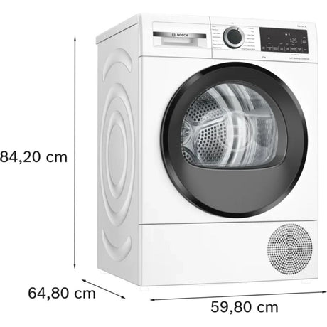 Bosch Series 6 white heat pump tumble dryer with black door and control panel, dimensions 84.20cm height x 59.80cm width x 64.80cm depth, 9kg capacity model WQG24500GB