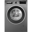 Bosch Series 6 graphite grey front-load washing machine with 9kg capacity, 1400 spin speed, featuring a large circular porthole window with black trim, digital display panel, control dial, and stainless steel drum visible through the glass door