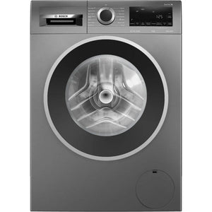 Bosch Series 6 graphite grey front-load washing machine with 9kg capacity, 1400 spin speed, featuring a large circular porthole window with black trim, digital display panel, control dial, and stainless steel drum visible through the glass door