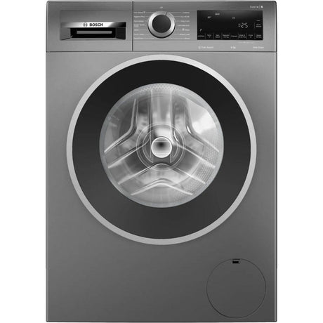 Bosch Series 6 graphite grey front-load washing machine with 9kg capacity, 1400 spin speed, featuring a large circular porthole window with black trim, digital display panel, control dial, and stainless steel drum visible through the glass door