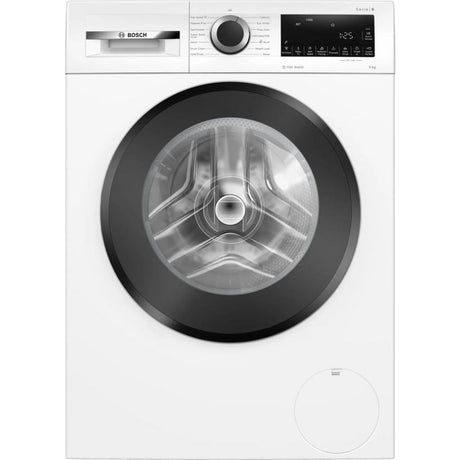 Bosch Series 6 AntiStain front-load washing machine in white with black trim, 9kg capacity, 1400 spin speed, featuring digital display and control panel on top and large circular black door with stainless steel drum visible