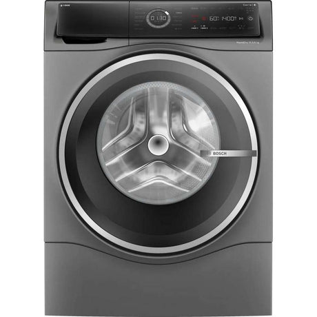 Bosch Series 8 IDOS graphite grey front-load washer dryer combo with 10.5kg washing and 6kg drying capacity, 1400 spin speed, digital display showing 60 degrees and 1400 spin settings, stainless steel drum visible through large circular window with white trim