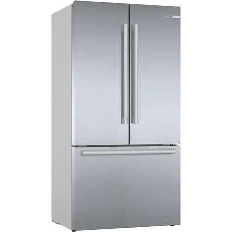 Bosch Series 8 multi-door fridge freezer 90cm in brushed steel with dual upper doors and lower french door compartment, featuring stainless steel handles