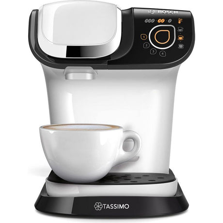 Bosch Tassimo My Way white and black pod coffee machine with control panel, featuring a white ceramic cup on drip tray and Brita filter system