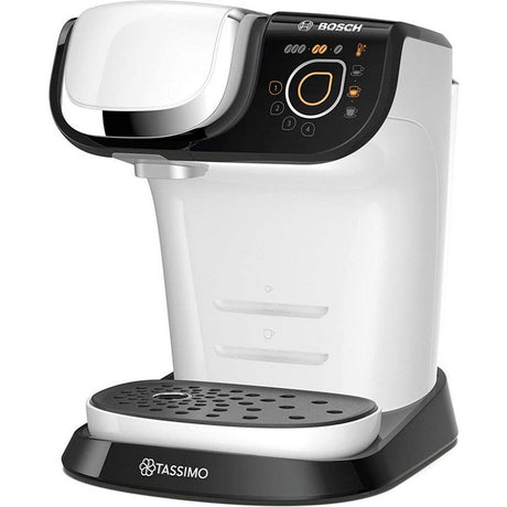 Bosch Tassimo My Way white and black single serve coffee machine with digital display, Brita filter water tank, and drip tray viewed from the front angle