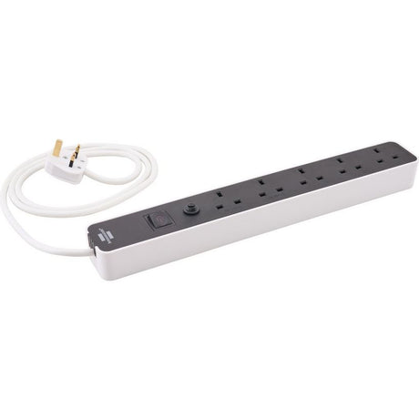Brennenstuhl 5 gang extension lead with white cable and grey power strip featuring multiple UK sockets and power switch, 1.5 metre trailing lead with white three-pin plug