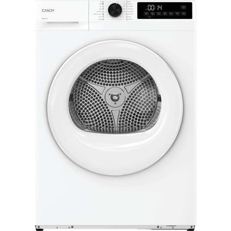 Candy 9kg white heat pump tumble dryer with digital display and rotary control knob, front-facing product view showing perforated drum and closed door