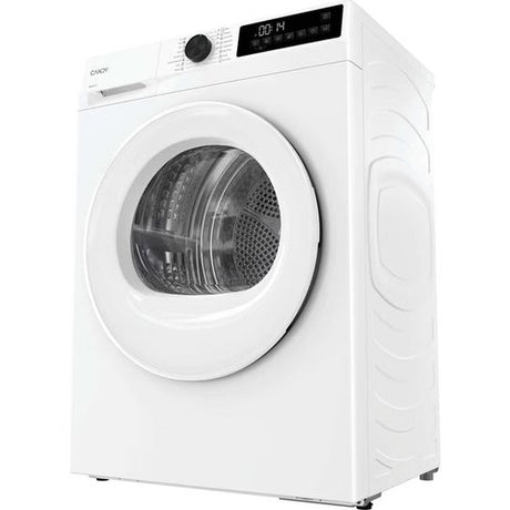 White Candy 9kg heat pump tumble dryer with circular door, digital display and control knob, front-facing product view