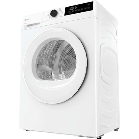 Candy Quick Pro 8kg heat pump tumble dryer in white with digital display and black control knob, front-load design with perforated drum visible through glass door