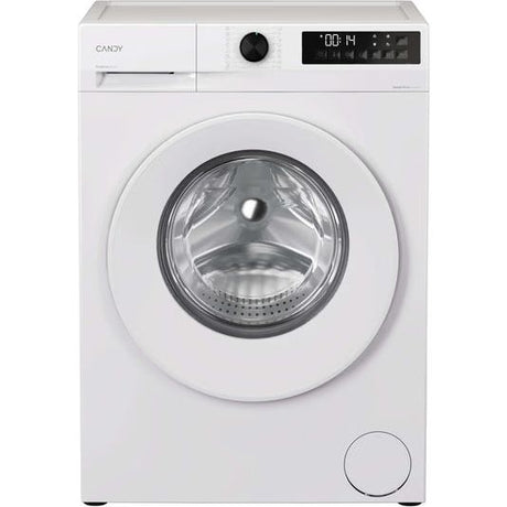 White Candy Quick Pro 9kg washing machine with 1400 spin capacity, front-loading design, digital display panel, black control dial, and circular stainless steel drum visible through large porthole door