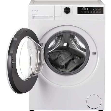 Candy Quick Pro white front-load washing machine with 9kg capacity, open door showing dark grey drum interior, digital display panel and control knob on top, 1400 spin speed model