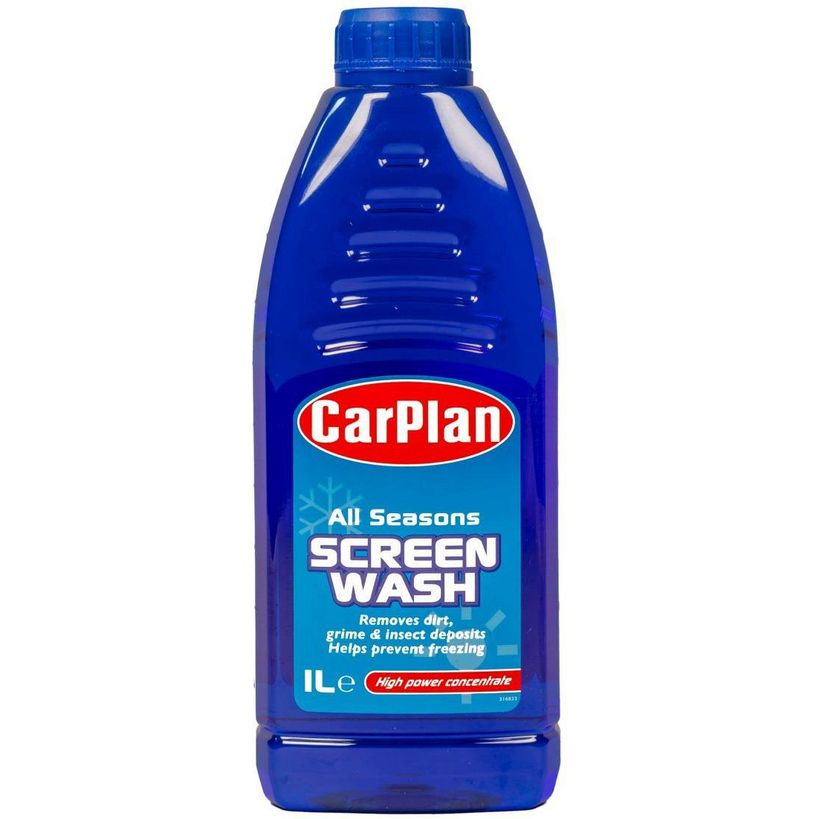 Carplan All Seasons Screen Wash 1 litre bottle with blue plastic container and red and white label showing product name and features for windshield cleaning