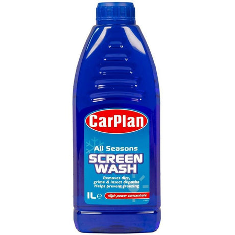Carplan All Seasons Screen Wash 1 litre bottle with blue plastic container and red and white label showing product name and features for windshield cleaning