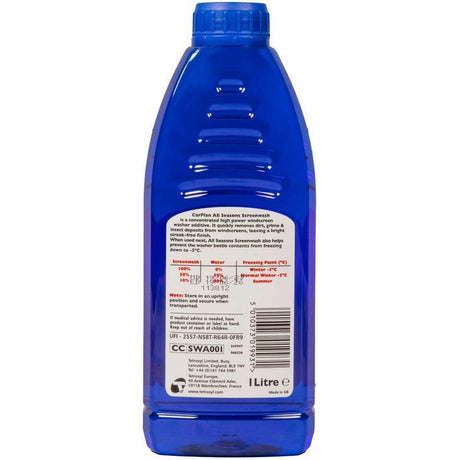 Blue plastic bottle of Carplan All Seasons Concentrated Screenwash windshield washer fluid 1 litre with white label showing product information, freezing point chart, and barcode