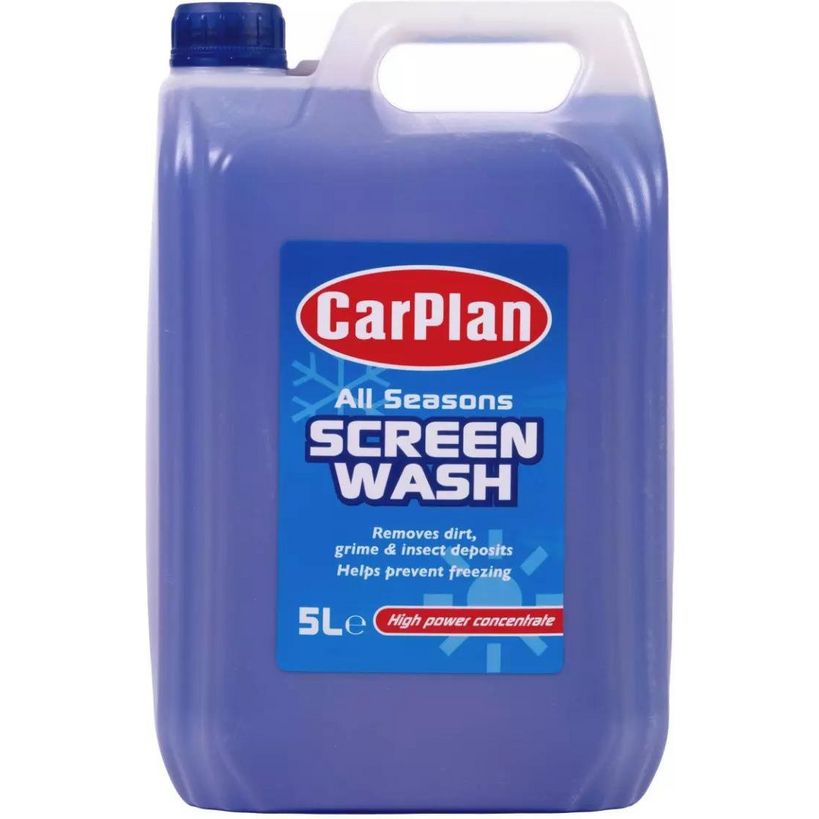 Carplan All Seasons Screen Wash 5 litre bottle with blue and white plastic container featuring red and white logo label, concentrated windshield washer fluid for vehicles