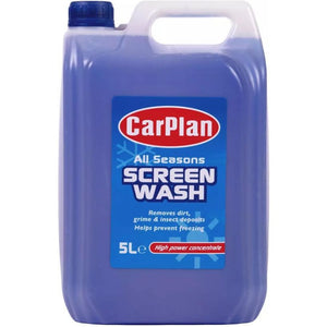 Carplan All Seasons Screen Wash 5 litre bottle with blue and white plastic container featuring red and white logo label, concentrated windshield washer fluid for vehicles