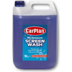 CarPlan All Seasons Screen Wash 5 litre concentrated windshield washer fluid in purple liquid within a white plastic jerry can with blue label and carrying handle
