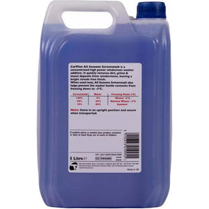 5 litre blue plastic container of Carplan All Seasons Concentrated Screenwash windshield washer fluid with white label showing product information, dilution ratios, and freezing point details, featuring a carry handle on top and dark blue screw cap