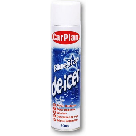Carplan Blue Star deicer 600ml aerosol spray can with white cap and blue label featuring frost crystals design, windscreen de-icer product for winter car maintenance