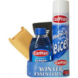 CarPlan Winter Essentials kit containing yellow ice scraper, blue All Seasons screen wash bottle, blue Bluestar deicer spray, and black demister pad arranged on blue packaging with snowflake design