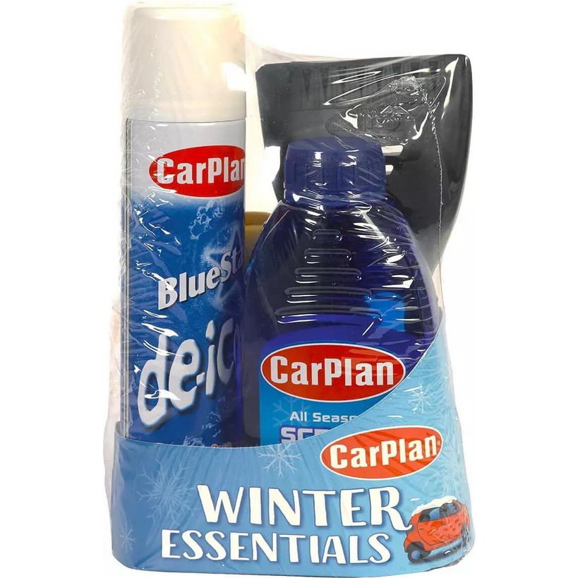 Carplan Winter Essentials car care kit bundle featuring blue de-icer spray bottle, blue screenwash bottle, and black ice scraper with windshield on packaging against white background