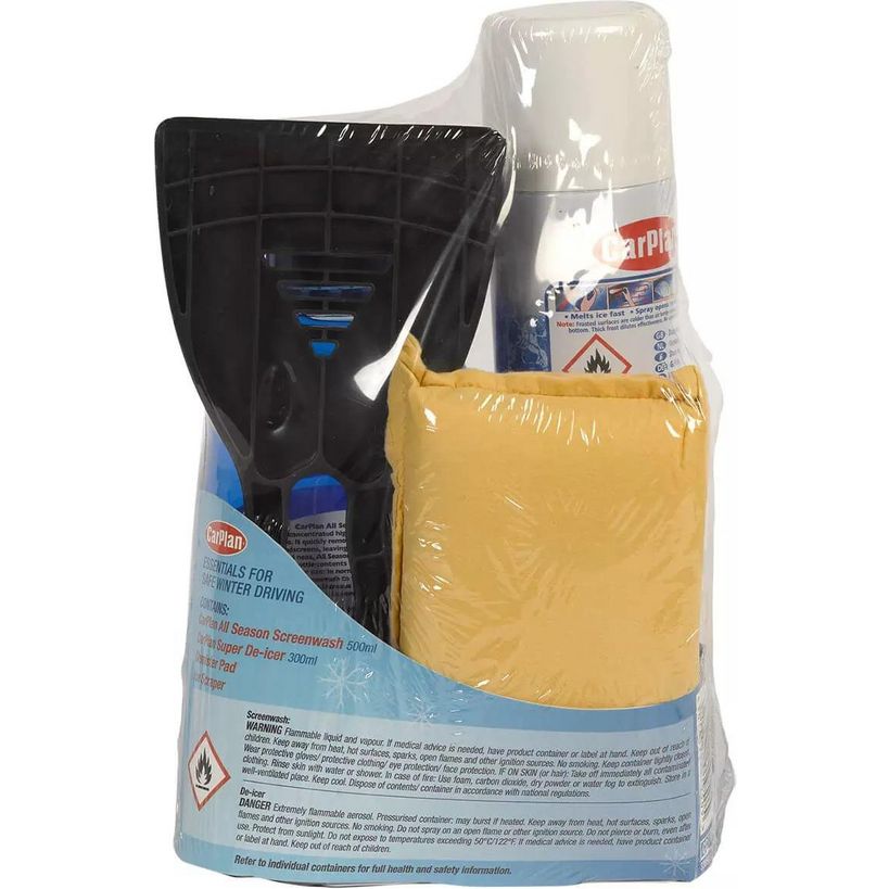 Carplan winter car care kit bundle showing black ice scraper with blue trim, white spray bottle of de-icer, and yellow microfiber cloth wrapped in clear plastic packaging with blue and white labeling